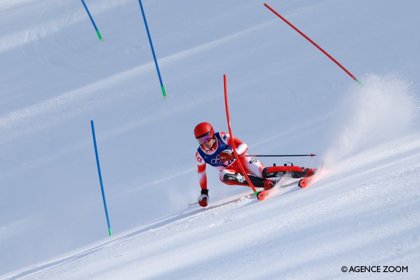 Tanguy Nef en pleine manche de slalom à Bormio