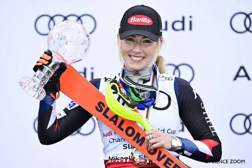 Mikaela Shiffrin poses with her 9th slalom crystal globe trophy